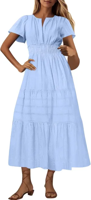 Midi Dress for Women Spring Summer Dressy Casual Vacation Dresses Short Sleeve Boho Trendy Restro Wear Clothes