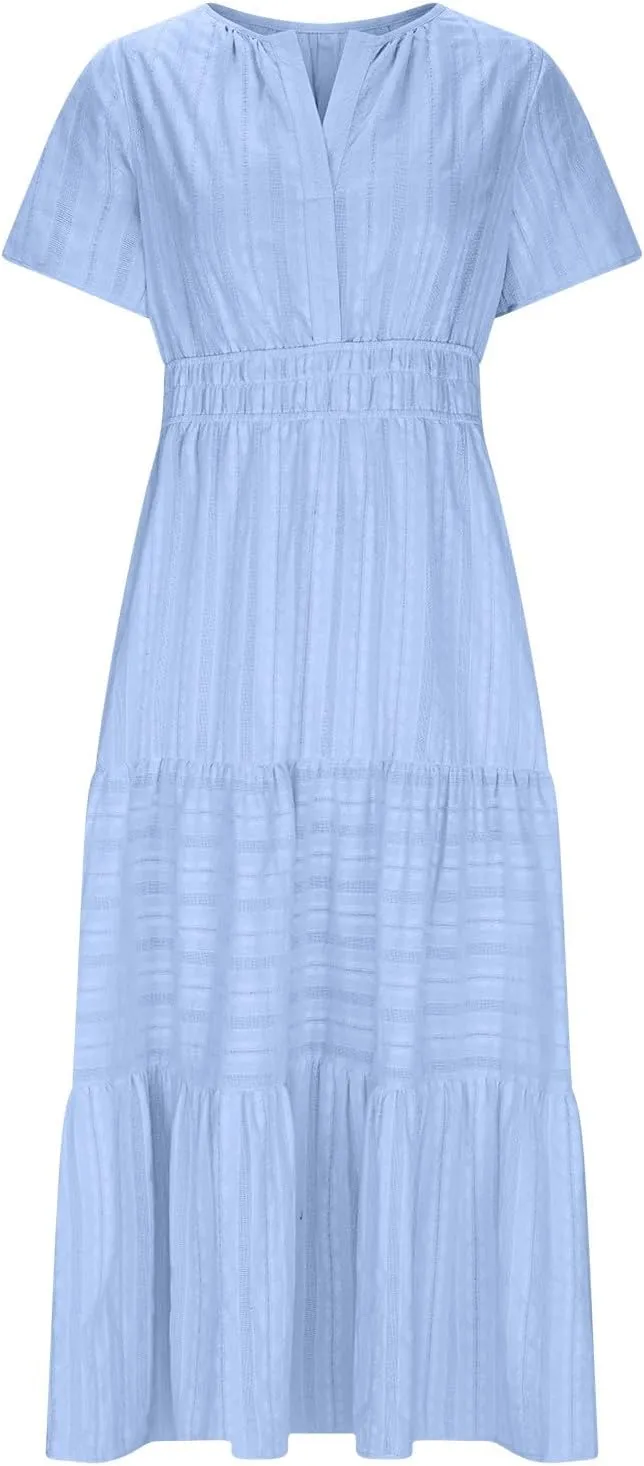 Midi Dress for Women Spring Summer Dressy Casual Vacation Dresses Short Sleeve Boho Trendy Restro Wear Clothes