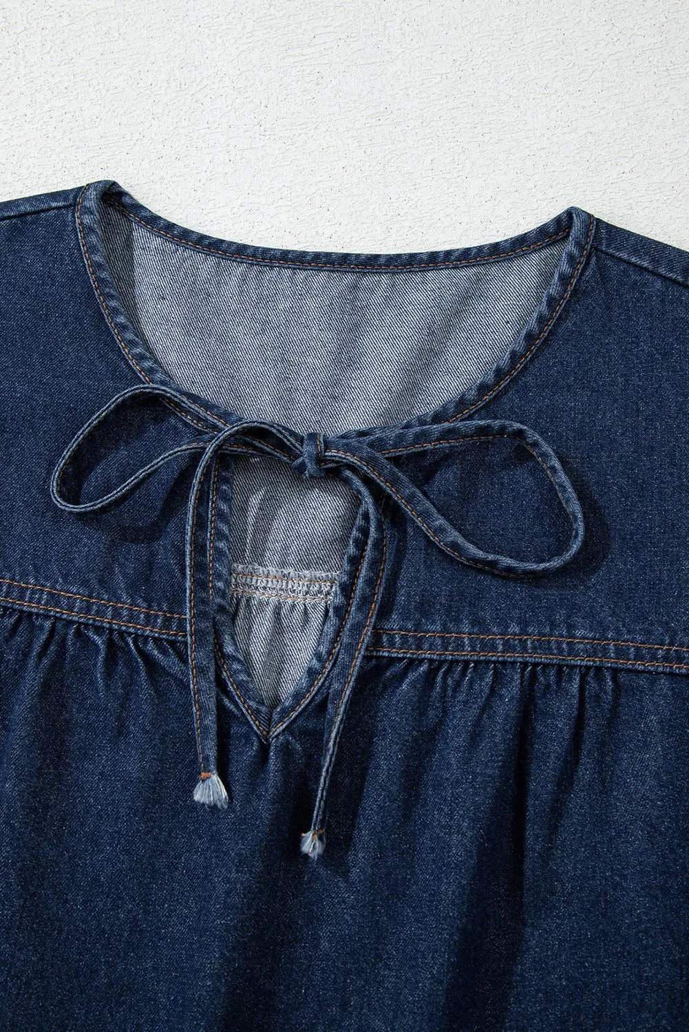 Naomi Sail Blue Puff Sleeve Lace-up Neckline Splicing Denim Blouse