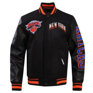 NBA NEW YORK KNICKS CHEST MEN'S LAYERED RIB WOOL VARSITY JACKET (BLACK/ORANGE)