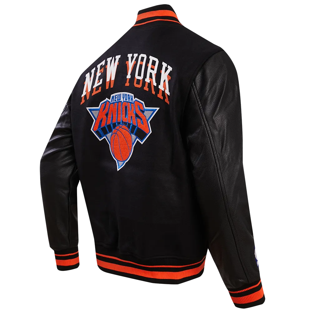 NBA NEW YORK KNICKS CHEST MEN'S LAYERED RIB WOOL VARSITY JACKET (BLACK/ORANGE)