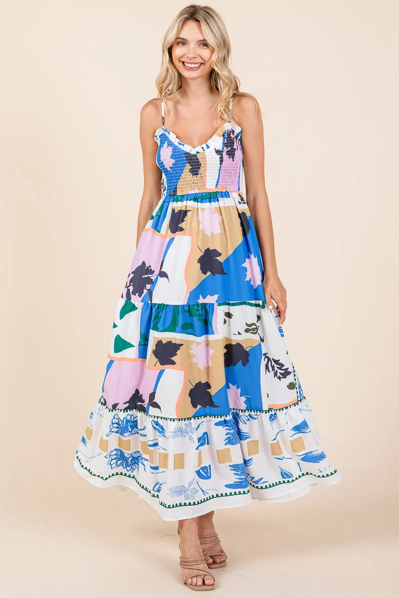 Smocked Graffiti Print Boho Cami Maxi Dress