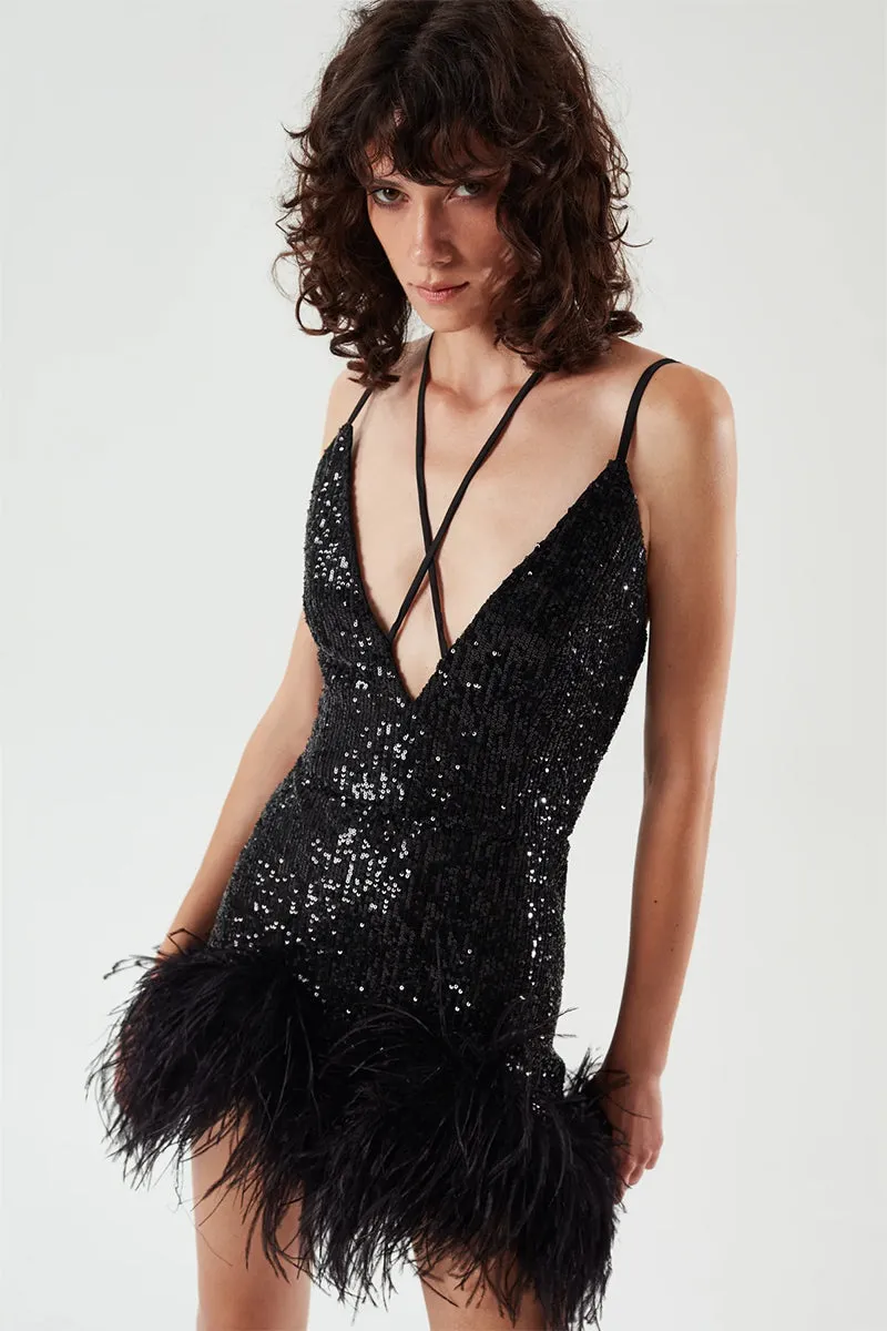 Sparkly Glam Sequin Trendy Feather Mini Dress