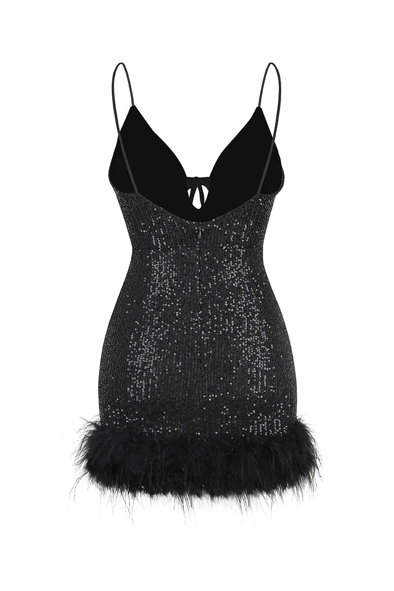Sparkly Glam Sequin Trendy Feather Mini Dress