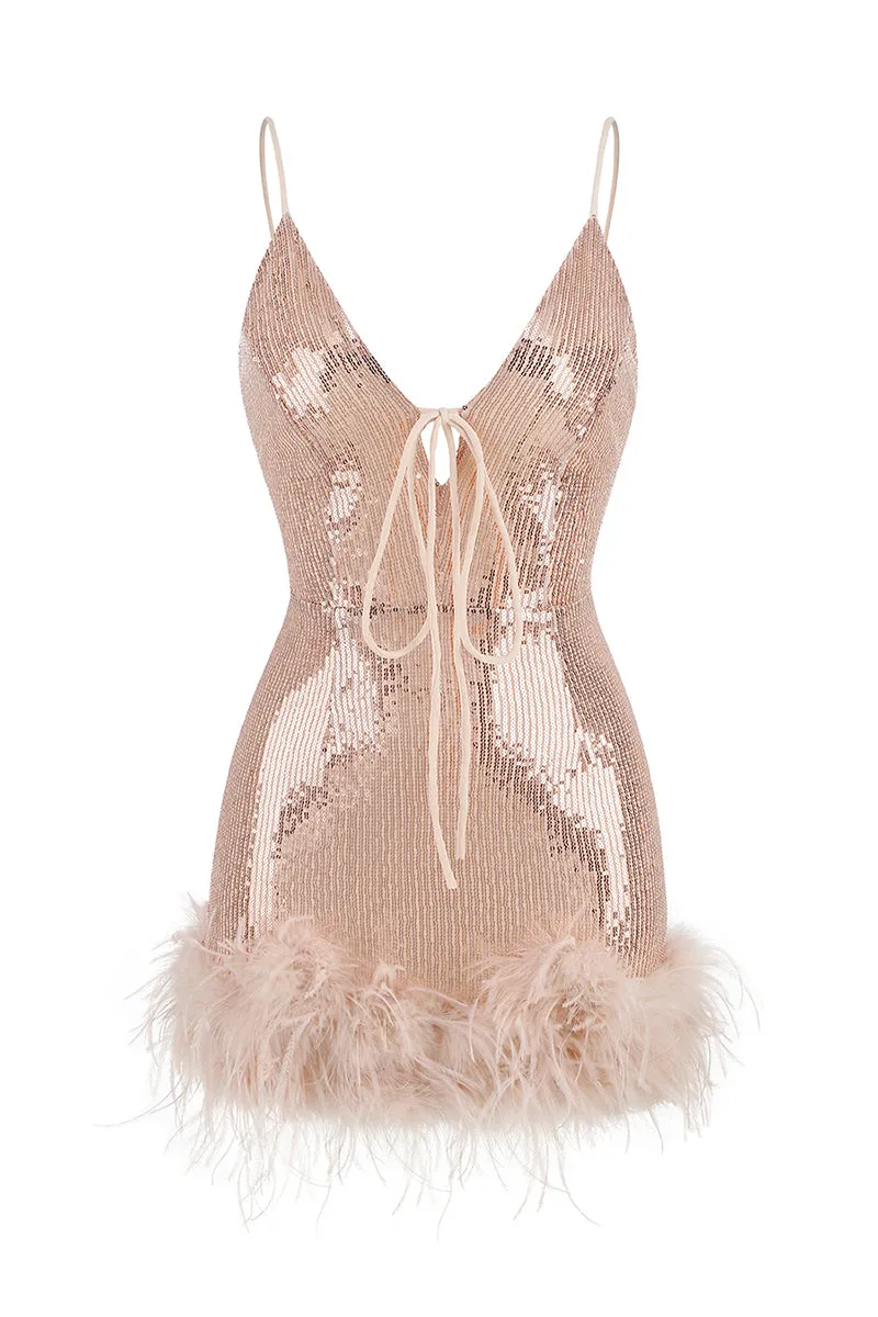 Sparkly Glam Sequin Trendy Feather Mini Dress