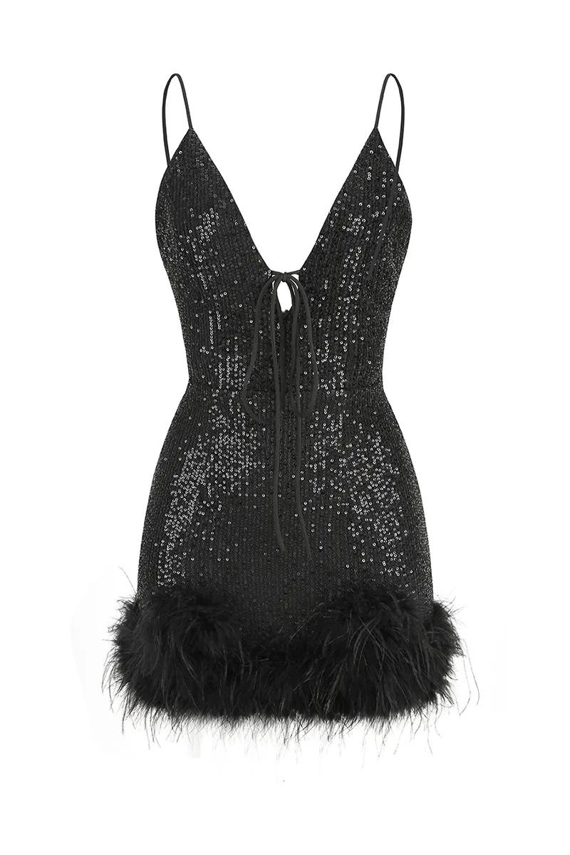 Sparkly Glam Sequin Trendy Feather Mini Dress