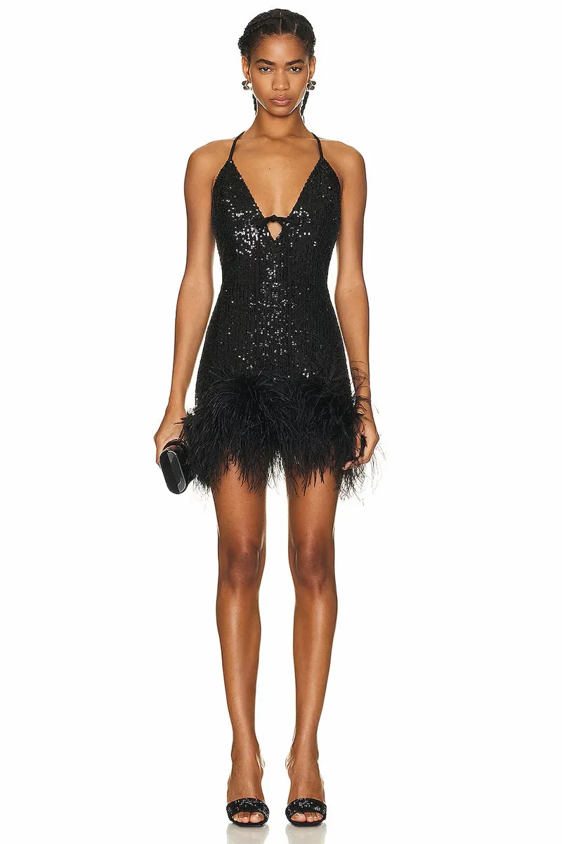 Sparkly Glam Sequin Trendy Feather Mini Dress