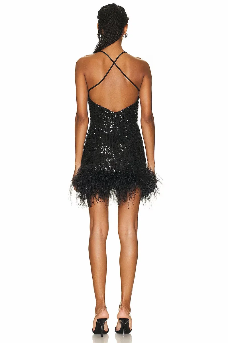 Sparkly Glam Sequin Trendy Feather Mini Dress