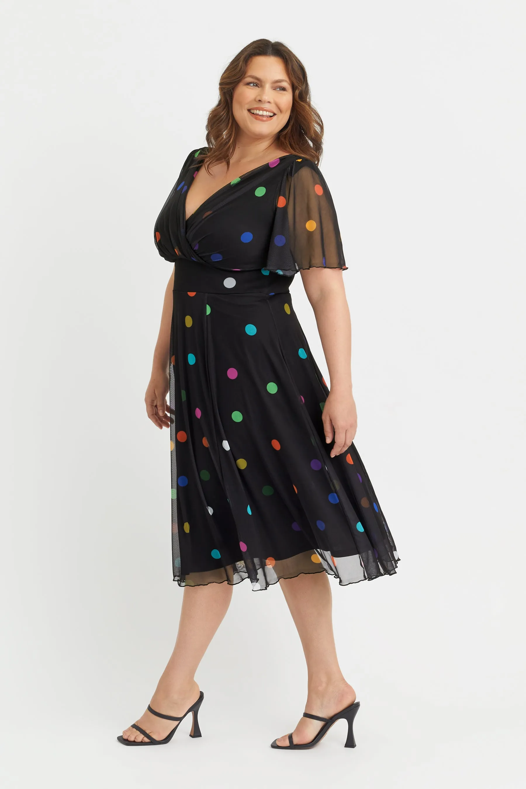 Victoria Multidot Angel Sleeve Mesh Midi Dress