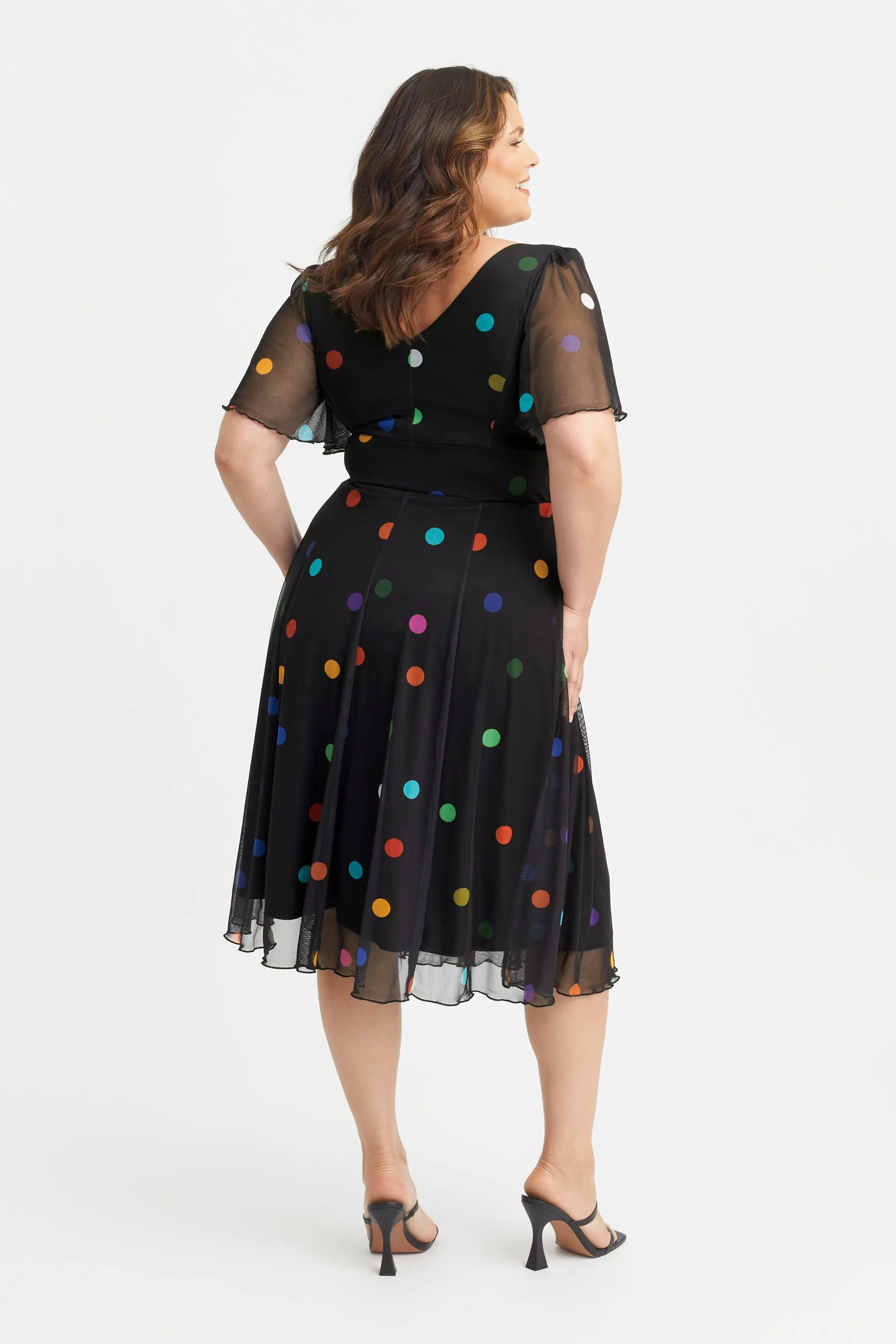Victoria Multidot Angel Sleeve Mesh Midi Dress