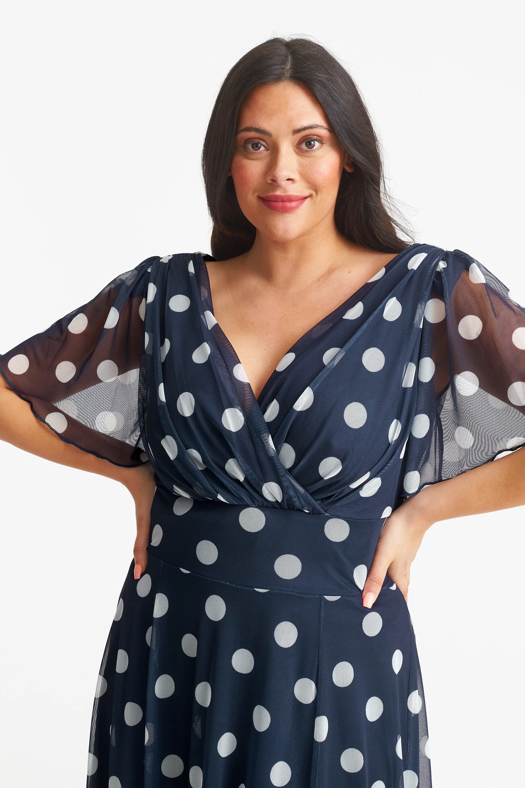 Victoria Navy Cream Angel Sleeve Mesh Midi Dress