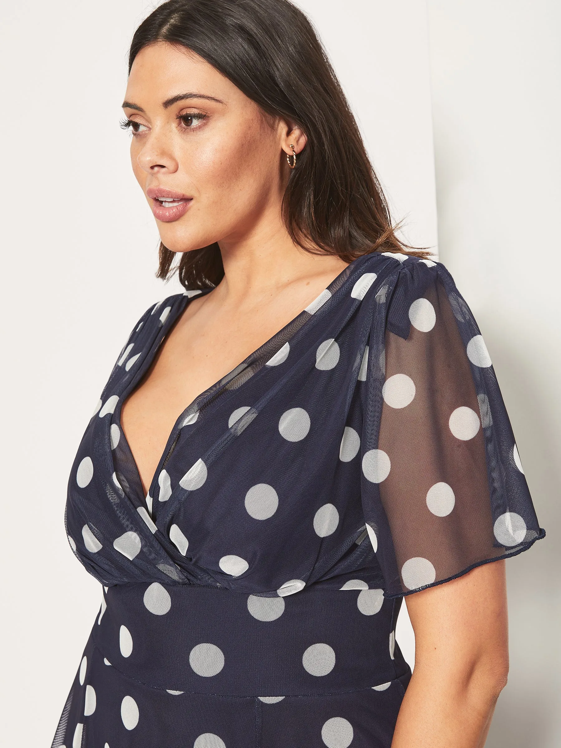 Victoria Navy Cream Angel Sleeve Mesh Midi Dress