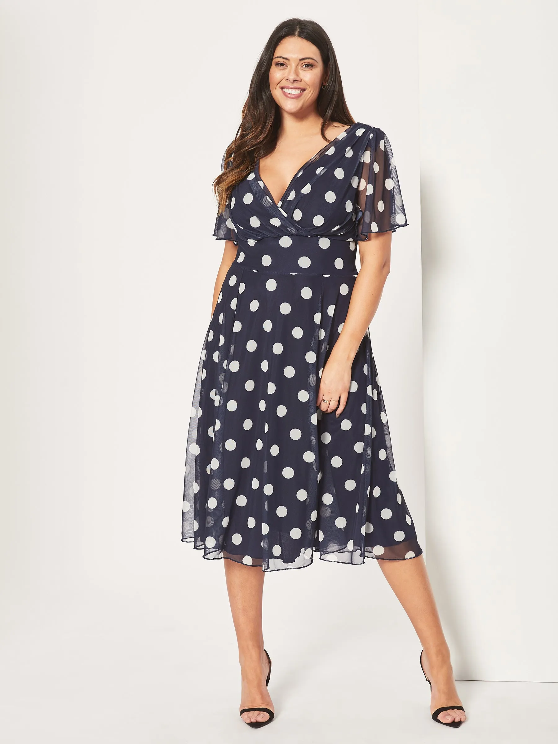 Victoria Navy Cream Angel Sleeve Mesh Midi Dress