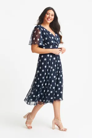 Victoria Navy Cream Angel Sleeve Mesh Midi Dress