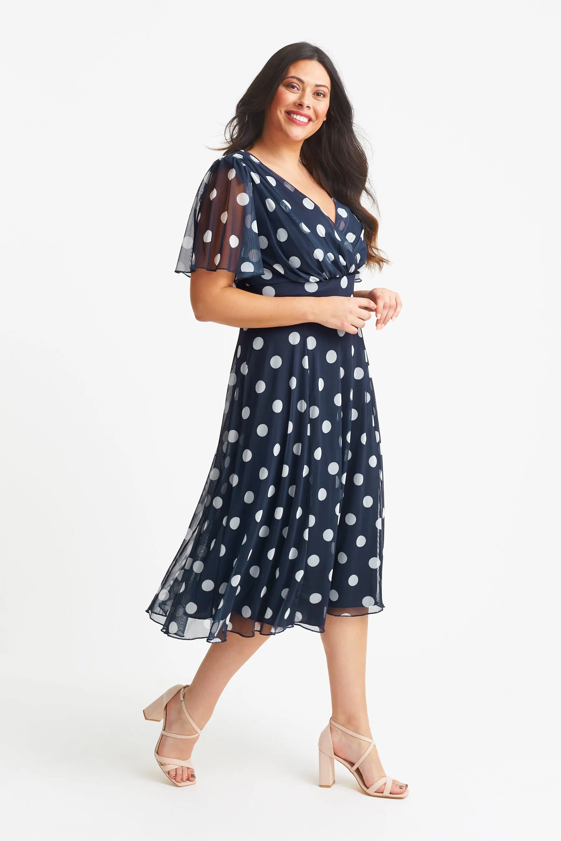 Victoria Navy Cream Angel Sleeve Mesh Midi Dress