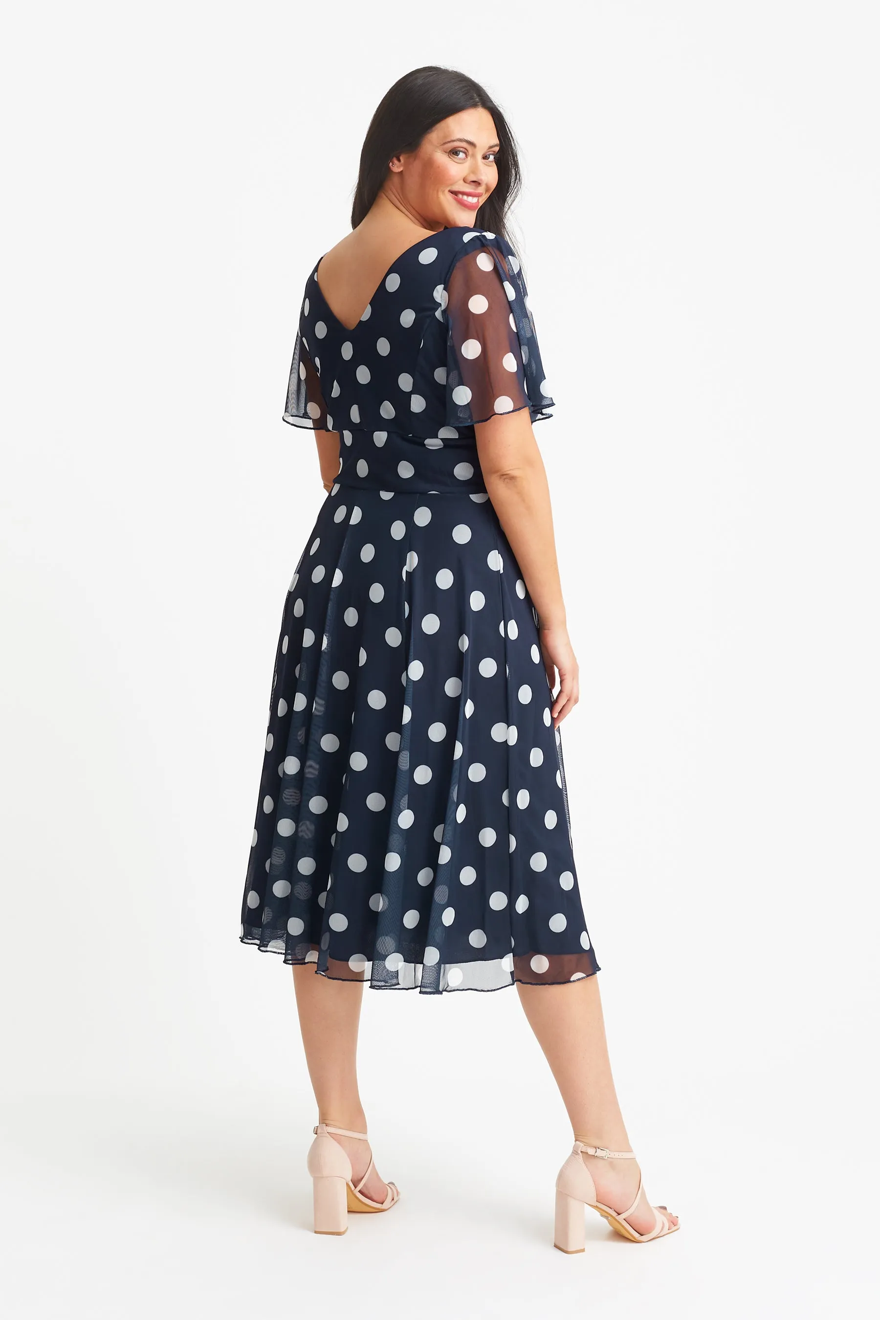 Victoria Navy Cream Angel Sleeve Mesh Midi Dress