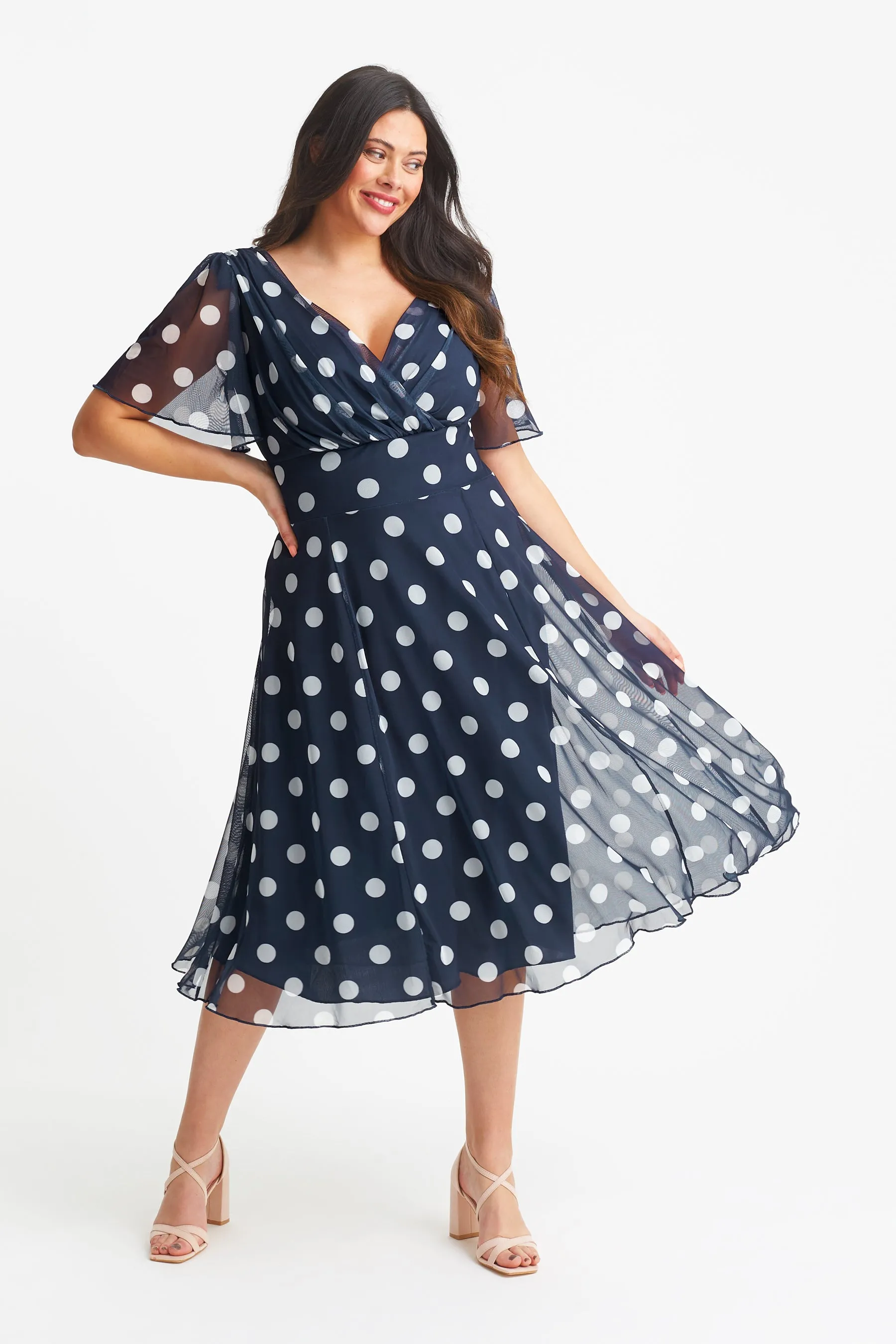 Victoria Navy Cream Angel Sleeve Mesh Midi Dress
