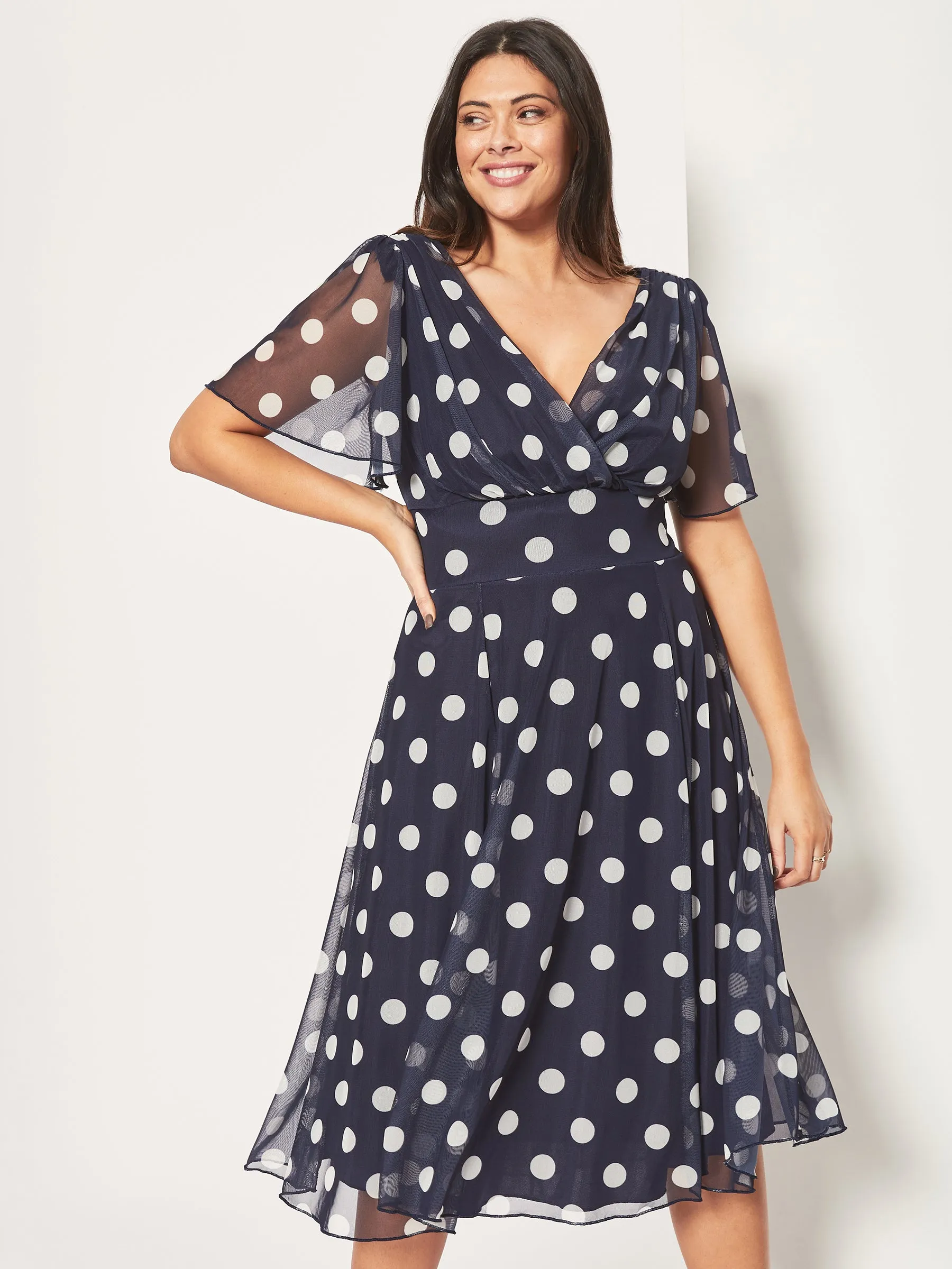 Victoria Navy Cream Angel Sleeve Mesh Midi Dress