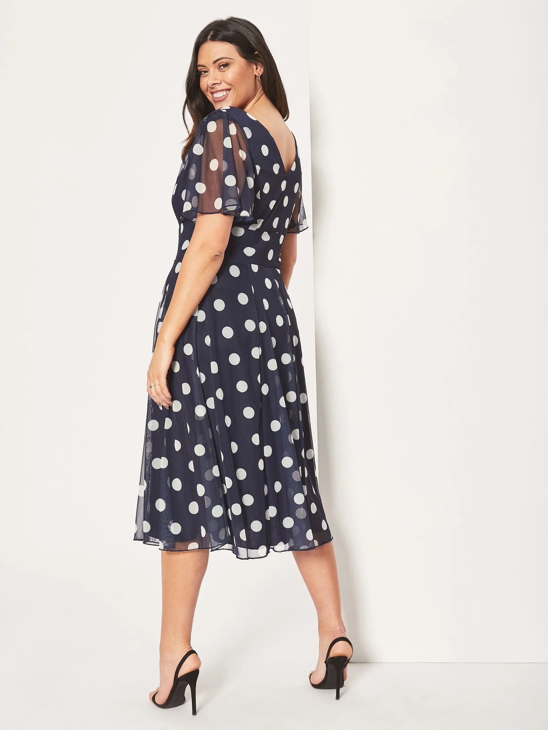 Victoria Navy Cream Angel Sleeve Mesh Midi Dress