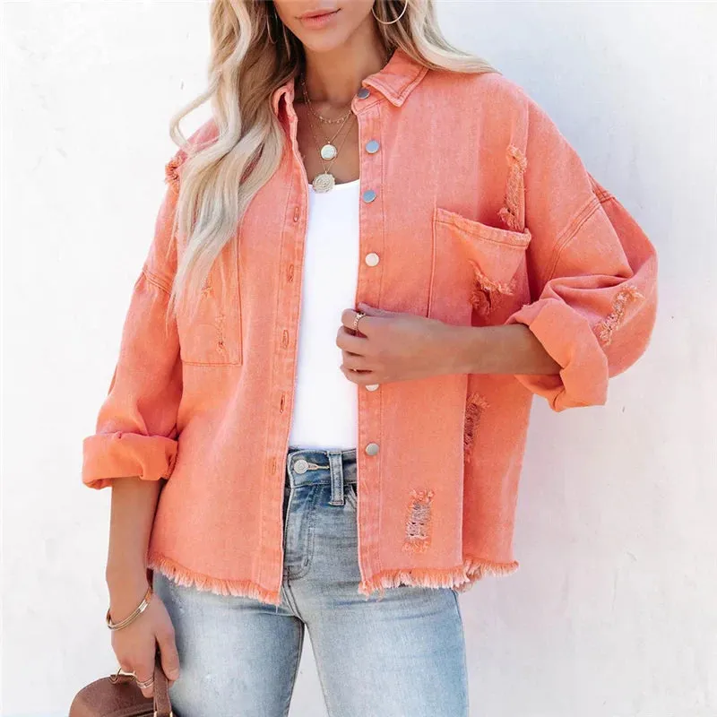 Vintage Ripped Denim Oversized Single Breasted Female Pocket Outwear Fashion 2024 Spring Girls Jacket