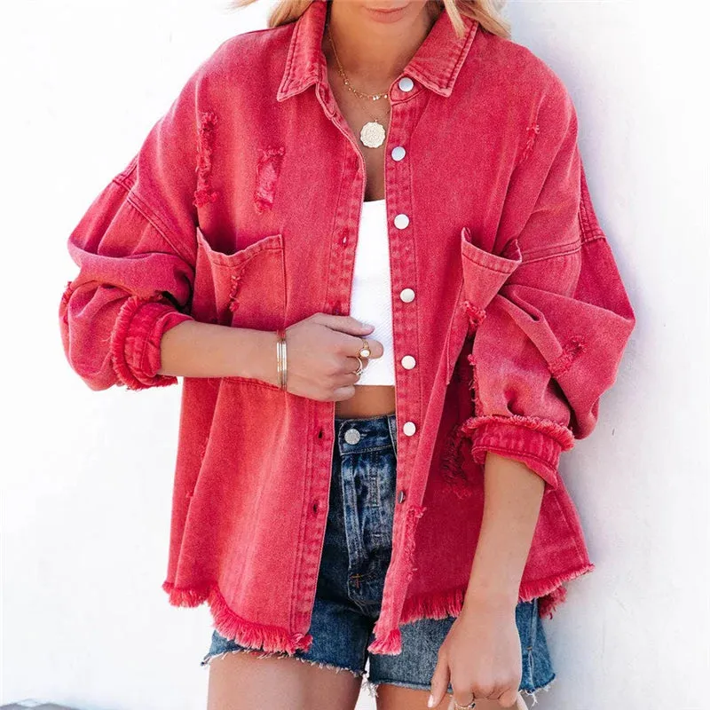 Vintage Ripped Denim Oversized Single Breasted Female Pocket Outwear Fashion 2024 Spring Girls Jacket