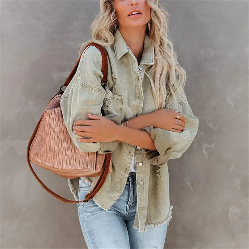Vintage Ripped Denim Oversized Single Breasted Female Pocket Outwear Fashion 2024 Spring Girls Jacket