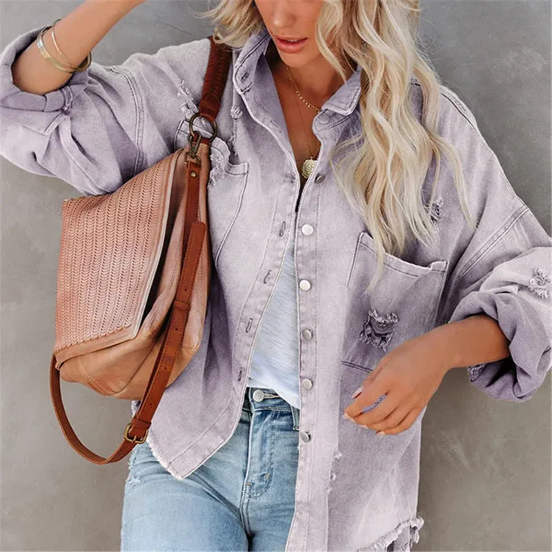 Vintage Ripped Denim Oversized Single Breasted Female Pocket Outwear Fashion 2024 Spring Girls Jacket