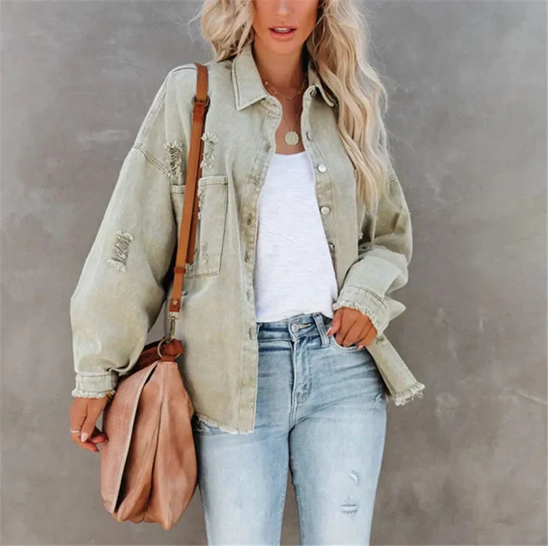 Vintage Ripped Denim Oversized Single Breasted Female Pocket Outwear Fashion 2024 Spring Girls Jacket