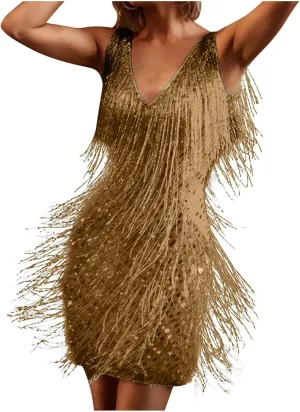 Women Sexy Deep V-Neck Bodycon Dress Summer Layered Fringe Tassel Flapper Dresses Club Party Prom Mini Strap Dress