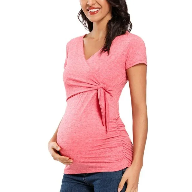Women Short Sleeve Tees Maternity Summer Tops Pregnant Wrap Breastfeeding Clothes Solid Color Tops for Pregnancy Blouses Tops