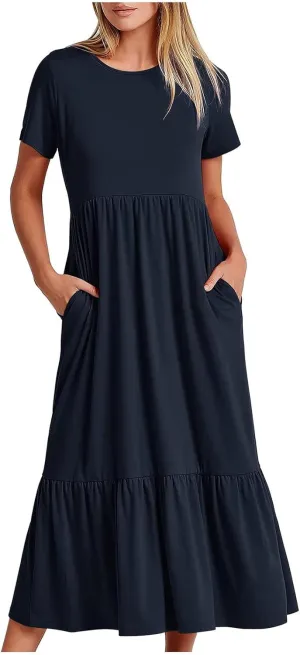 Womens Casual Summer Dresses Short Sleeve Crewneck Swing Dress Flowy Tiered Maxi Beach Dress Loose Pocket Long Dress
