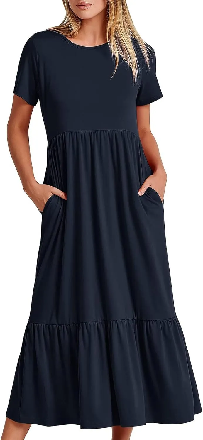 Womens Casual Summer Dresses Short Sleeve Crewneck Swing Dress Flowy Tiered Maxi Beach Dress Loose Pocket Long Dress