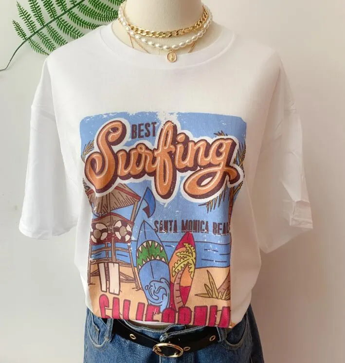 Womens Retro Style T-Shirt - Surfing Santa Monica California