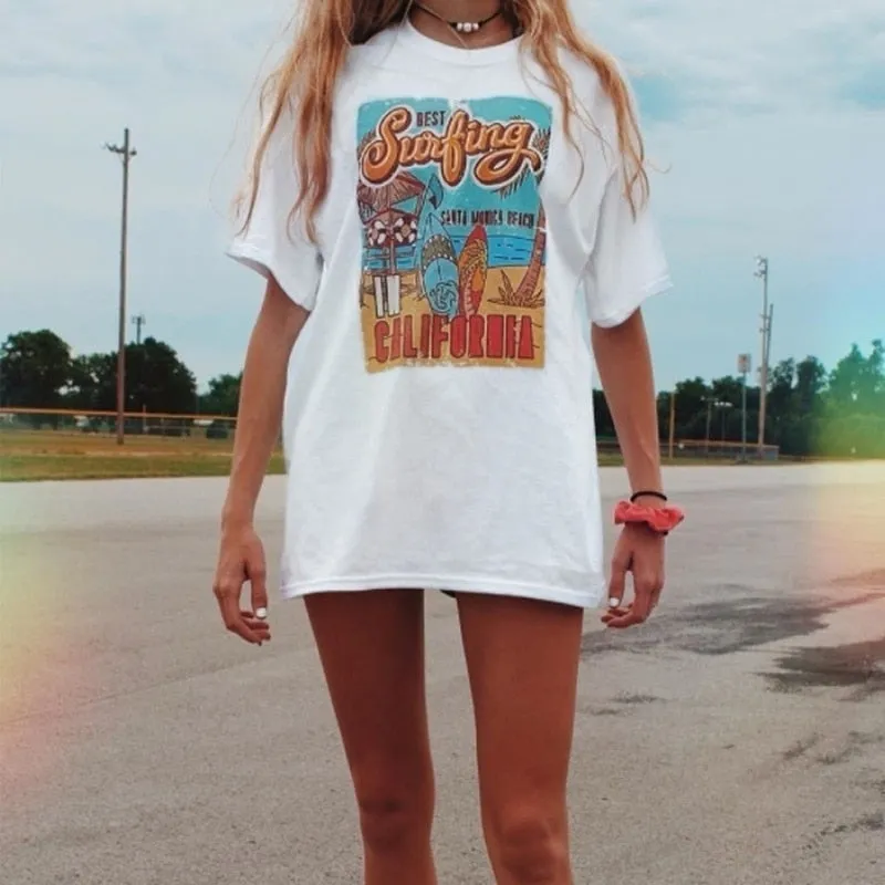 Womens Retro Style T-Shirt - Surfing Santa Monica California