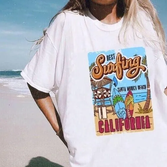 Womens Retro Style T-Shirt - Surfing Santa Monica California