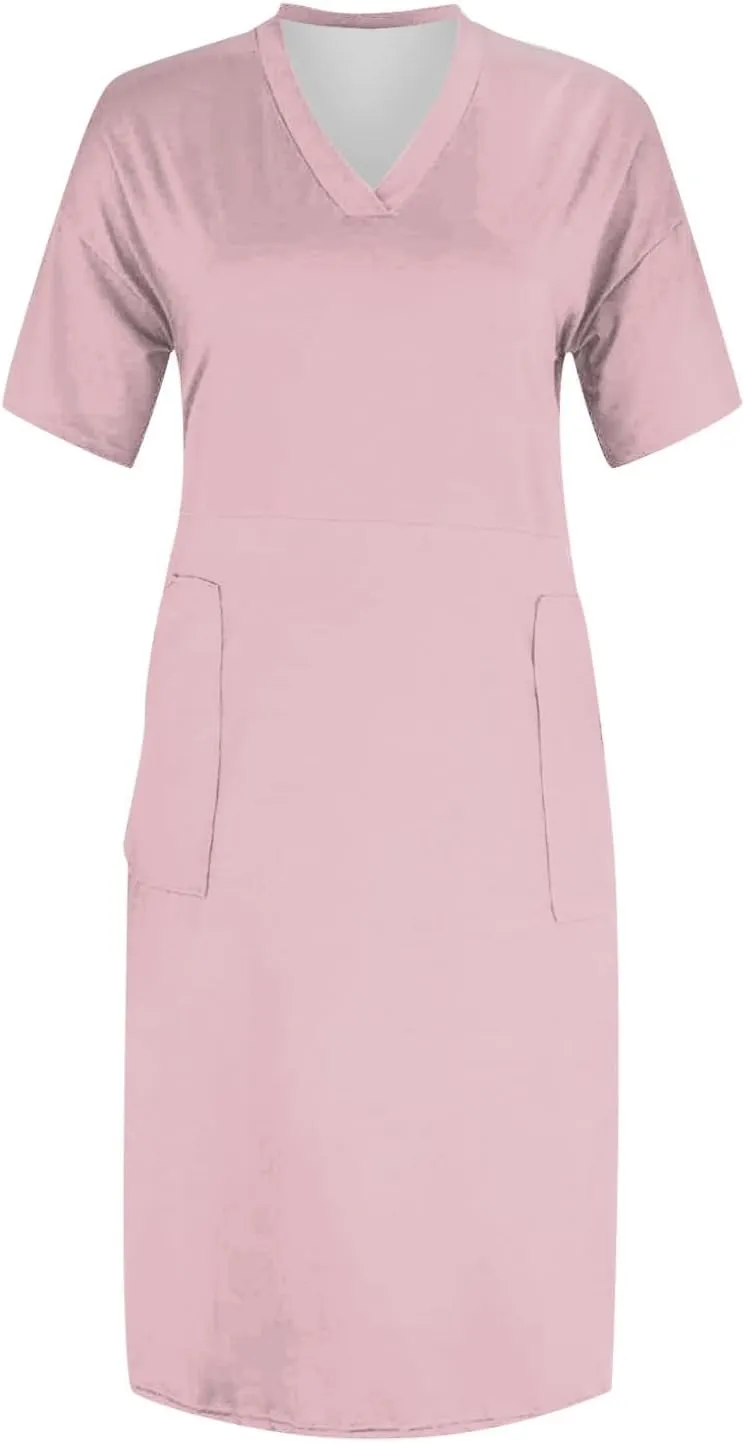 Women's Summer Casual Solid V-Neck Short Sleeve Midi Dress Plus Size with Pocket
