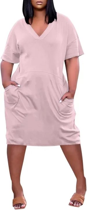 Women's Summer Casual Solid V-Neck Short Sleeve Midi Dress Plus Size with Pocket