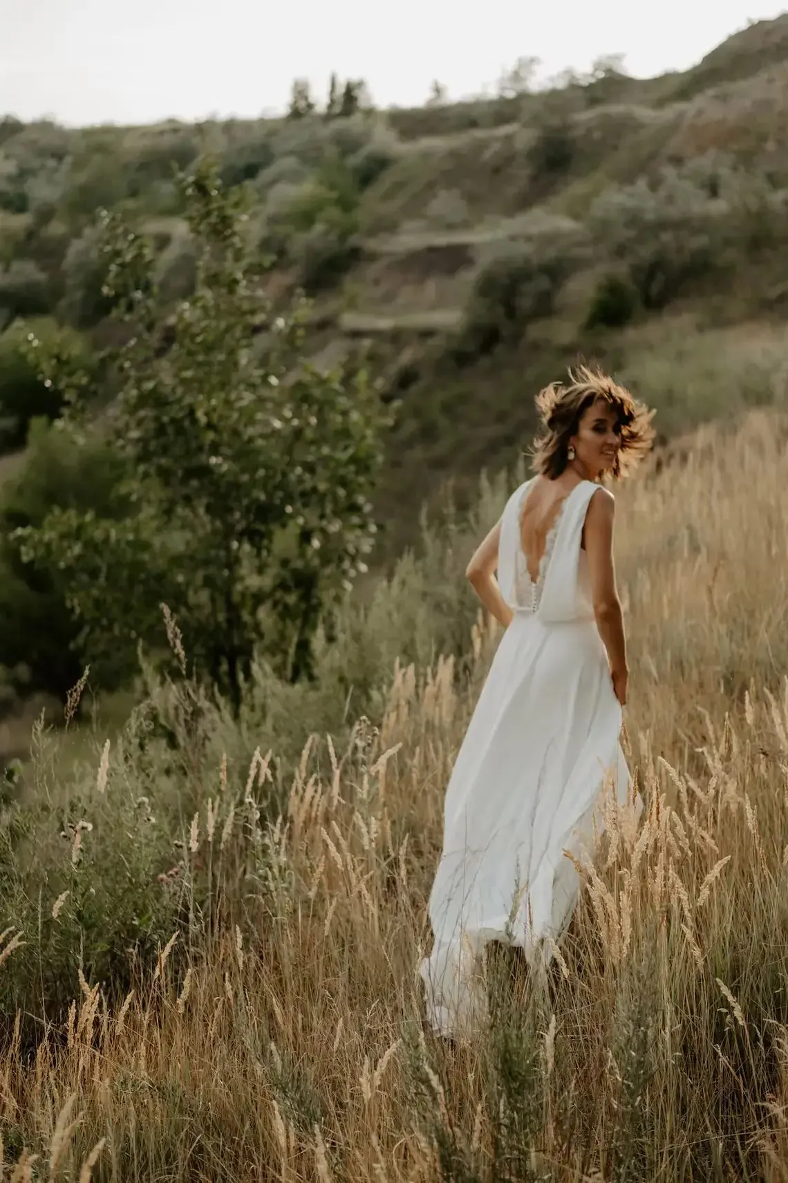 Wrap Top Bohemian Wedding Dress With Lace Sheer Back