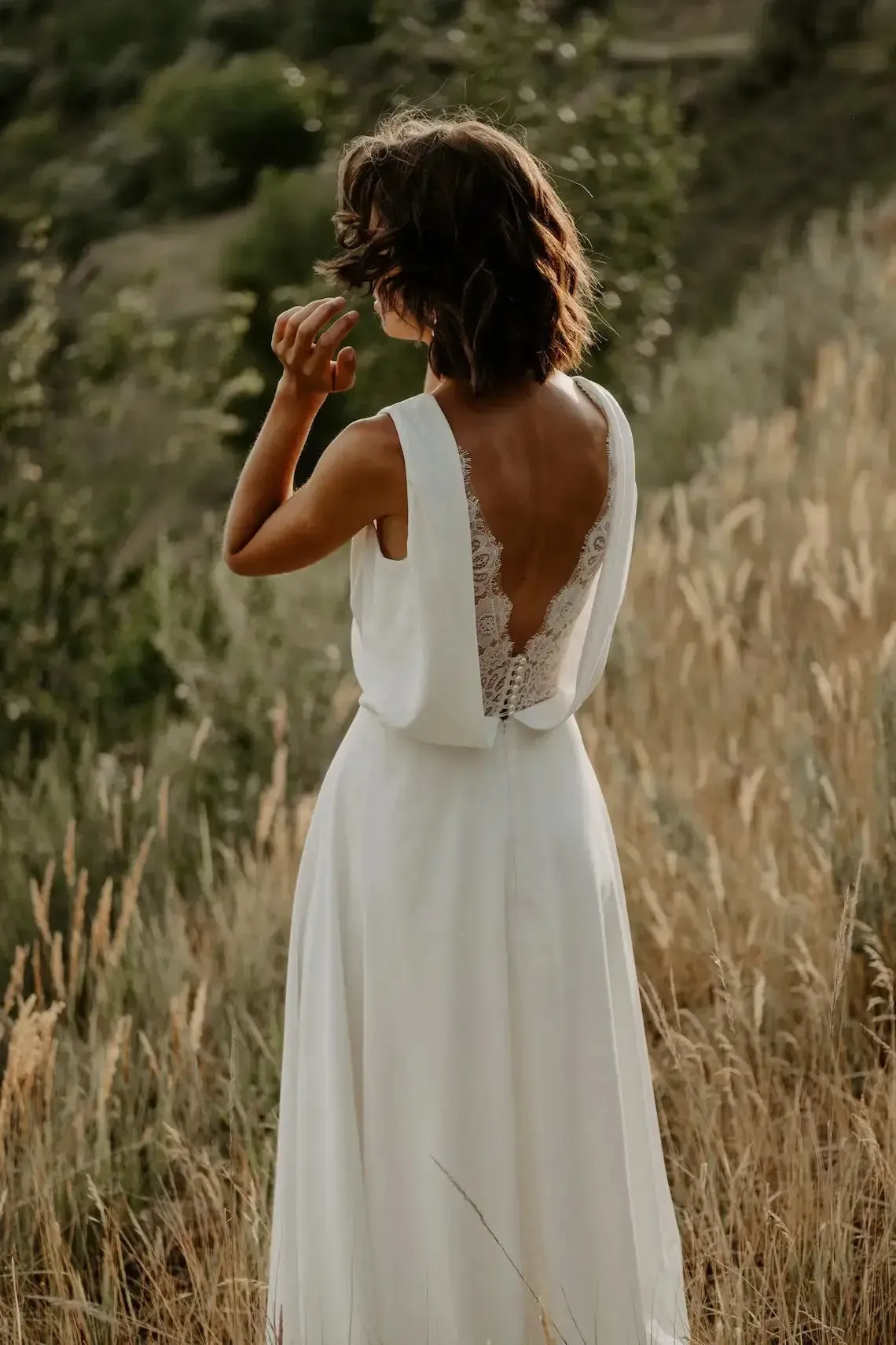 Wrap Top Bohemian Wedding Dress With Lace Sheer Back