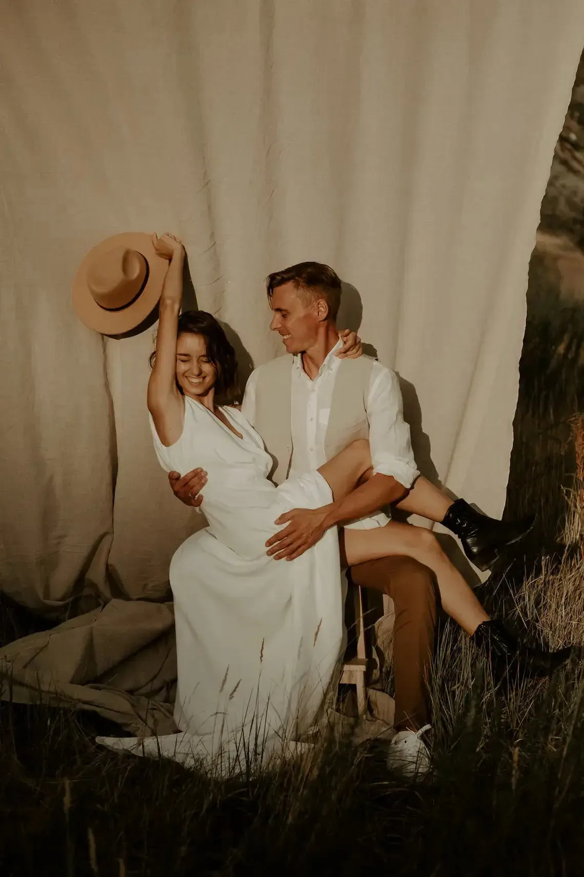 Wrap Top Bohemian Wedding Dress With Lace Sheer Back