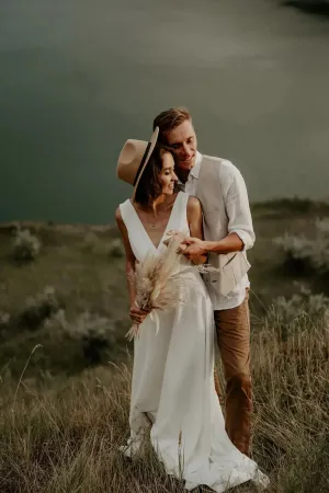 Wrap Top Bohemian Wedding Dress With Lace Sheer Back