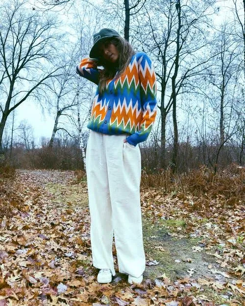 Zig Zag Knit Jacquard Polo Cardigan