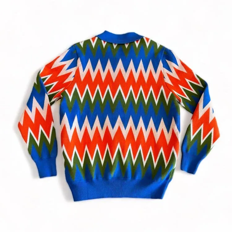 Zig Zag Knit Jacquard Polo Cardigan